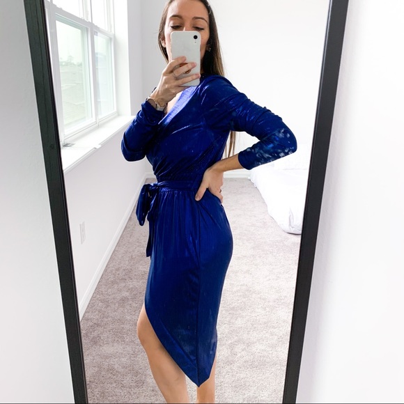 Blue Long Sleeve Metallic Asymmetrical Wrap Dress - Picture 9 of 11